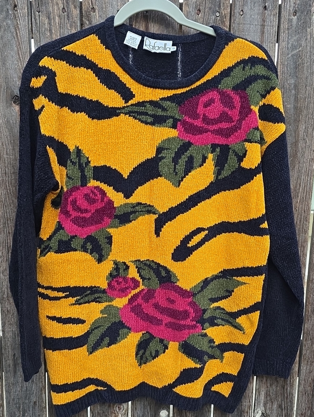 Rafaella Mustard Floral Tiger-Stripe Chenille Sweater Pink Roses Vintage